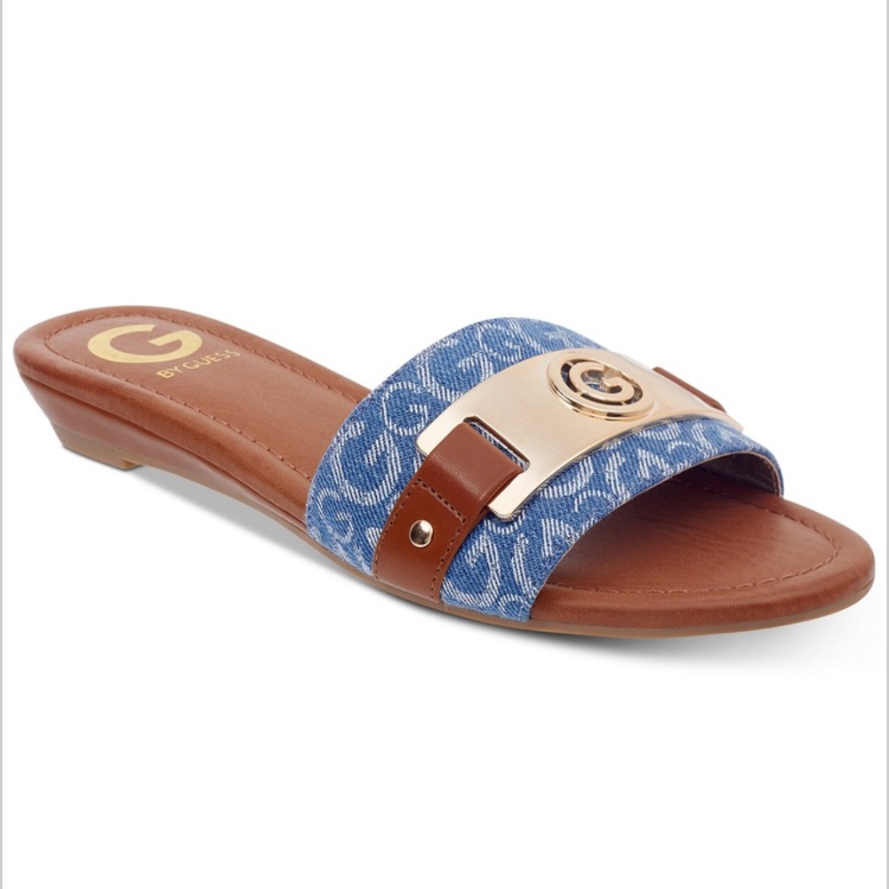 G by GUESS Slide Flat Sandals Jeena Gold & Blue